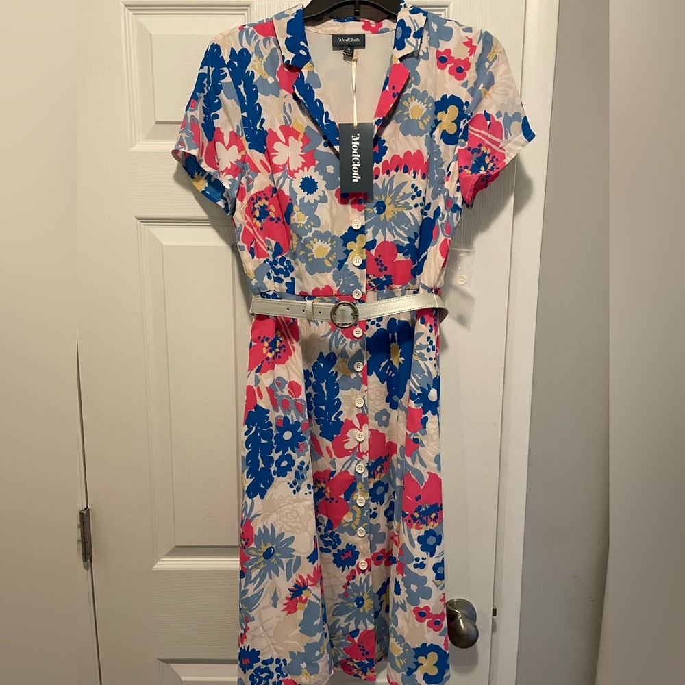 Modcloth Coral, Blue & Cream Floral Midi Dress with Belt